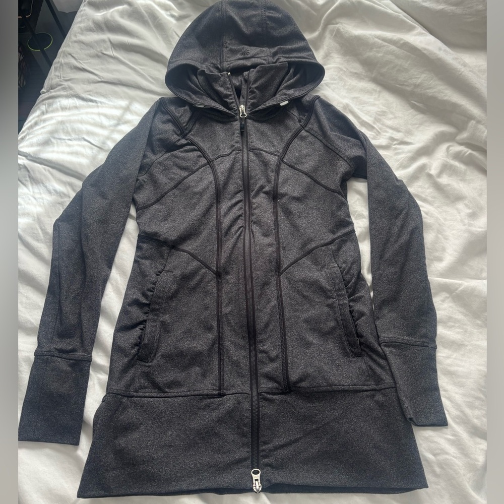 Athleta Dark Charcoal Hooded Long Zip Jacket